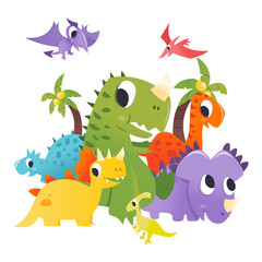 Super Cute Cartoon Dinosaurs Group Prehistoric Scene