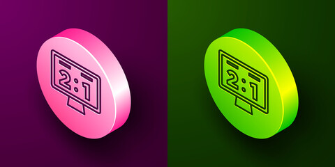 Isometric line Sport mechanical scoreboard and result display icon isolated on purple and green background. Circle button. Vector.