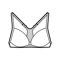 Bra racerback front closure lingerie technical fashion illustration with adjustable shoulder straps. Flat brassiere template front, white color style. Women men unisex underwear CAD mockup