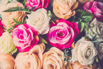 valentine day background, wedding bouquet roses flower close up in retro filter