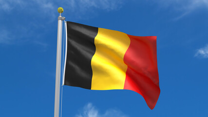 Belgium Flag Country 3D Rendering Waving, fluttering against the background of the blue sky with silver pole