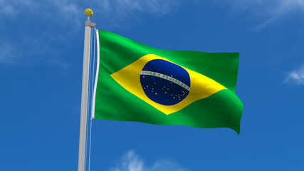 Brazil Flag Country 3D Rendering Waving, fluttering against the background of the blue sky with silver pole