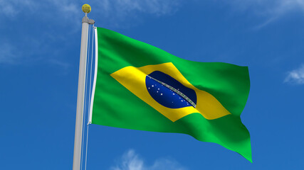 Brazil Flag Country 3D Rendering Waving, fluttering against the background of the blue sky with silver pole