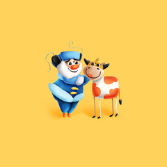 Christmas illustration. Santa Claus and the Cow. Christmas card. Symbol of the year.