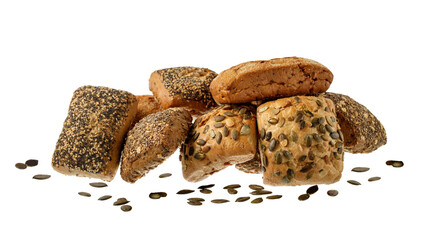 Fresh bread rolls with poppy and pumpkin seeds  closeup isolated on white background