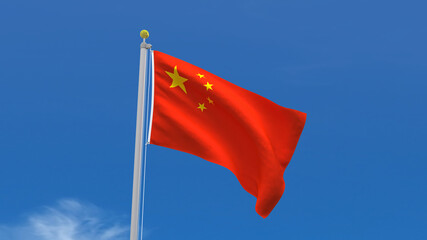 China Flag Country 3D Rendering Waving, fluttering against the background of the blue sky with silver pole