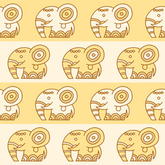 Fototapeta premium Vector seamless pattern with elephants in ethnic style. Tribal endless ornament with stripes for your design in warm pastel colors. For textile, wallpapers, wrapping paper