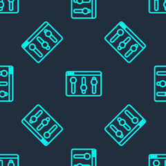 Green line Browser setting icon isolated seamless pattern on blue background. Adjusting, service, maintenance, repair, fixing. Vector.