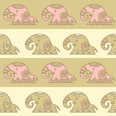 Vector seamless pattern with elephants in ethnic style. Tribal endless ornament for your design in soft pastel colors. For textile, wallpapers, wrapping paper