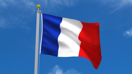 France Flag Country 3D Rendering Waving, fluttering against the background of the blue sky with silver pole