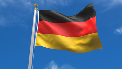 Germany Flag Country 3D Rendering Waving, fluttering against the background of the blue sky with silver pole