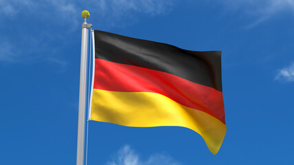 Germany Flag Country 3D Rendering Waving, fluttering against the background of the blue sky with silver pole