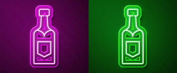 Glowing neon line Champagne bottle icon isolated on purple and green background. Vector.