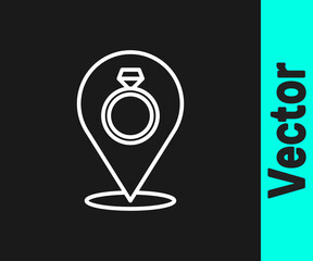 White line Wedding rings icon isolated on black background. Bride and groom jewelry sign. Marriage symbol. Diamond ring. Vector.