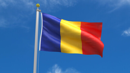 Romania Flag Country 3D Rendering Waving, fluttering against the background of the blue sky with silver pole