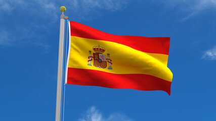 Spain Flag Country 3D Rendering Waving, fluttering against the background of the blue sky with silver pole
