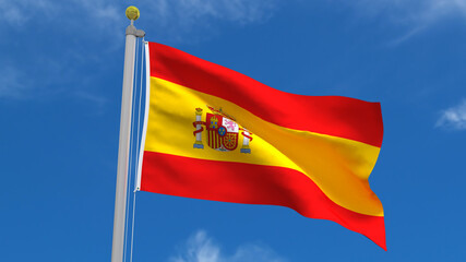 Spain Flag Country 3D Rendering Waving, fluttering against the background of the blue sky with silver pole