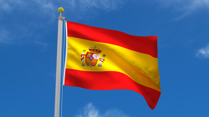 Spain Flag Country 3D Rendering Waving, fluttering against the background of the blue sky with silver pole