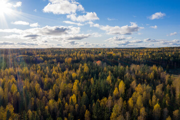 Aerial photo of sunset over rural landscape in Finland