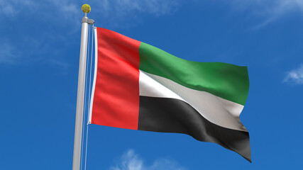 Fototapeta na wymiar UAE Flag Country 3D Rendering Waving, fluttering against the background of the blue sky with silver pole