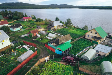 Aerial Townscape of Suburban Village Fedoseevka located in Kandalaksha Area in Northwestern Russia on the Kola Peninsula