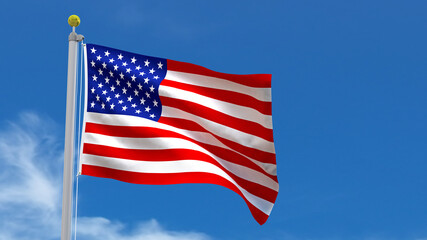 USA Flag Country 3D Rendering Waving, fluttering against the background of the blue sky with silver pole