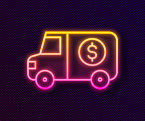 Glowing neon line Armored truck icon isolated on black background. Vector.