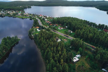 Aerial Townscape of Suburban Village Fedoseevka located in Kandalaksha Area in Northwestern Russia on the Kola Peninsula