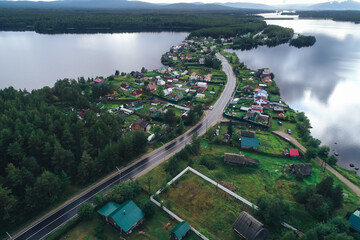 Aerial Townscape of Suburban Village Fedoseevka located in Kandalaksha Area in Northwestern Russia on the Kola Peninsula