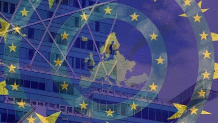 Stars on spinning circles over EU map against tall building