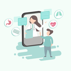 Online diagnosis health medical consultation with doctor with smartphone. flat design character.