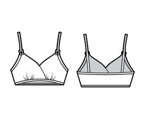 Training Bra lingerie technical fashion illustration with bow, Wire-free, under-chest band. Flat sports brassiere template front, back white color style. Women men unisex underwear CAD mockup