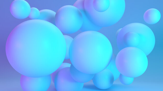 floating plastic spheres iridescent 3d render stodio light blue background inflatable bubbles