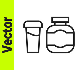 Black line Sports nutrition bodybuilding proteine power drink and food icon isolated on white background. Vector.