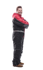 side view. smiling man in winter boots , insulated coveralls looking forward