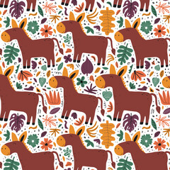 Seamless pattern with cute hand drawn donkey, flowers and leaves. Childish texture for fabric, textile, apparel. Flat vector illustration