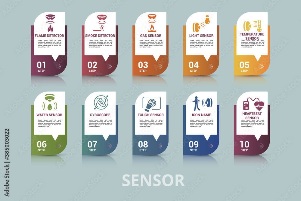 Aufkleber infographic sensor template. icons in different colors. include water quality sensor, flame detector