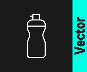 White line Fitness shaker icon isolated on black background. Sports shaker bottle with lid for water and protein cocktails. Vector.