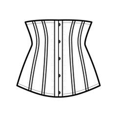 Waist cincher back laced longline corsetry lingerie technical fashion illustration with bones. Flat belt template front, white color style. Women men unisex underwear CAD mockup