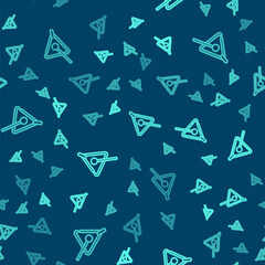Green line Triangle musical instrument icon isolated seamless pattern on blue background. Vector.