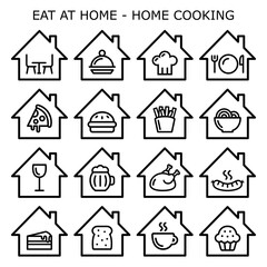 Eating at home, home cooking vector icons set, staying in concept,  cooking dinner or baking a cake or bread at home
