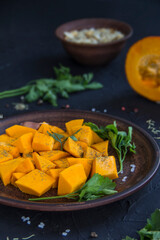 Nice view of pumpkin and autumn leaves. Creative atmospheric decoration