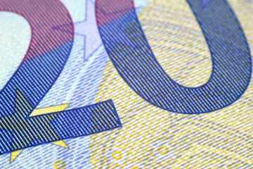 Detail of the number 20 in a 20 euro banknote.Close up of a 20 euro banknote.