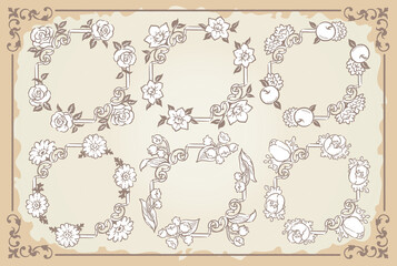 花を使ったアンティークな装飾フレームと装飾エレメント。ベクター素材