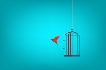 Flying bird and cage. Freedom concept. Emotion of freedom and happiness. Minimalist style. © madedee