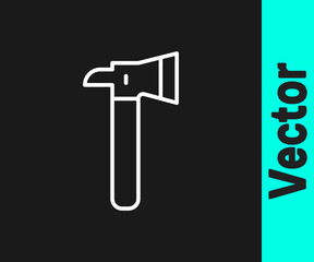 White line Firefighter axe icon isolated on black background. Fire axe. Vector.