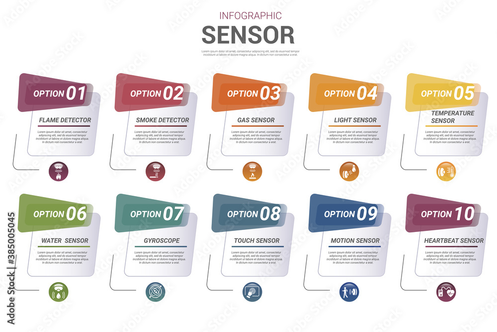 Aufkleber infographic sensor template. icons in different colors. include water quality sensor, flame detector