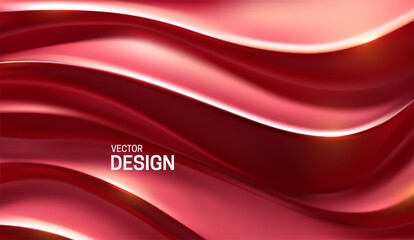 Red glossy waves. Curvy pattern. Vector 3d illustration.