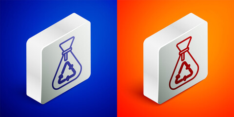 Isometric line Garbage bag with recycle symbol icon isolated on blue and orange background. Trash can icon. Recycle basket sign. Silver square button. Vector.