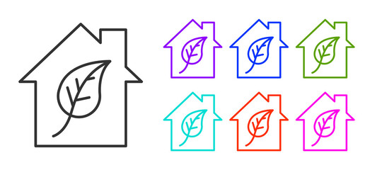 Black line Eco friendly house icon isolated on white background. Eco house with leaf. Set icons colorful. Vector.